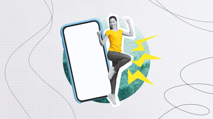 In a creative collage, a person stands next to a large smartphone, striking a playful pose. The background features shapes and colors that enhance the concept of digital communication. © Prostock-studio