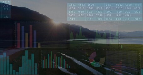 Displaying HUD data overlays floating over marsh channels at lakeside low sun, with bar charts © vectorfusionart
