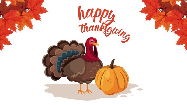 Happy thanksgiving greeting card featuring a cute cartoon turkey and a pumpkin with autumn maple leaves