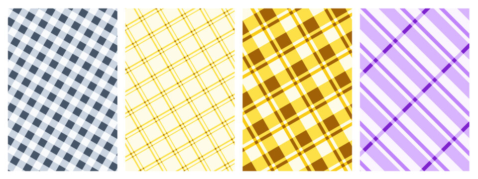 Set of Seamless Plaid and Gingham Patterns in Yellow, Purple, and Grey; Classic Tartan Checkered Backgrounds for Textile, Fashion, and Web Design