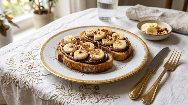 Two pieces of toast with chocolate paste and banana slices on an elegant gold trimmed serving plate with white embroidered tablecloth, closeup