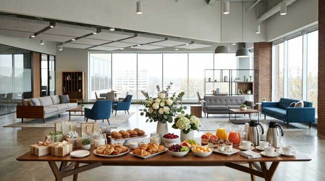 Office lounge breakfast setup with flowers and generic gift boxes