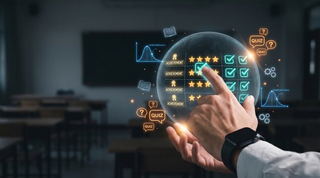 Hand Interacting with Digital Education Interface in Classroom Showing Student Performance, Achievement, and Quiz Analytics