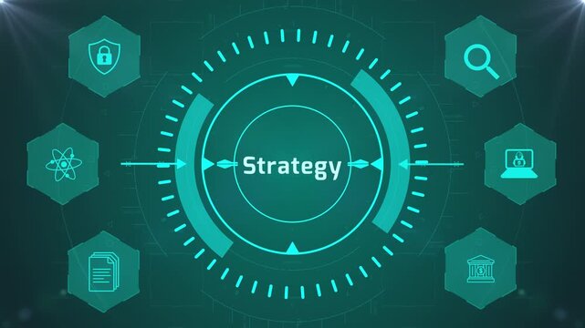 Strategy Planning Interface with Circular Digital HUD and Business Icons on Abstract Technology Background Representing Corporate Decision System