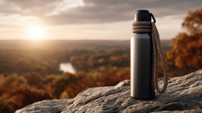 Reusable stainless steel water bottle with a woven paracord wrist strap rests on a rugged rock formation, providing essential hydration during an outdoor exploration at sunset