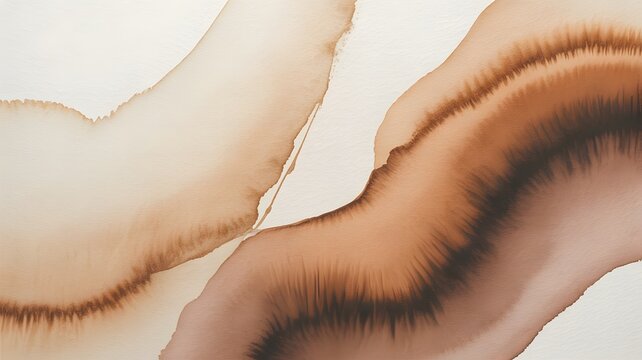 Watercolor wash abstract background with flowing brown and beige ink textures on white paper