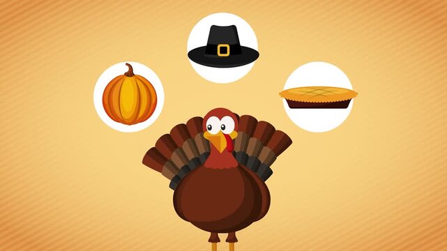 Cute cartoon turkey animation with rotating Thanksgiving holiday icons on a warm orange striped background motion