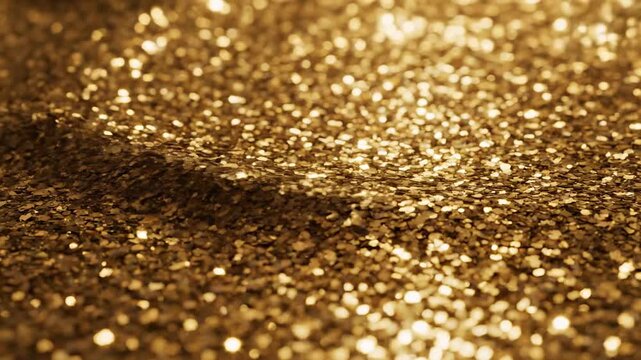Luxurious, shimmering gold particulate material captures abundant sparkling highlights creating a rich, textured surface with a deep sense of opulent glamour and festive celebration ideal