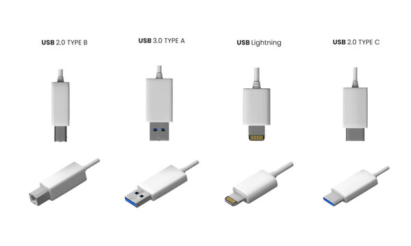 A set of realistic USB connectors of various types and sides.
