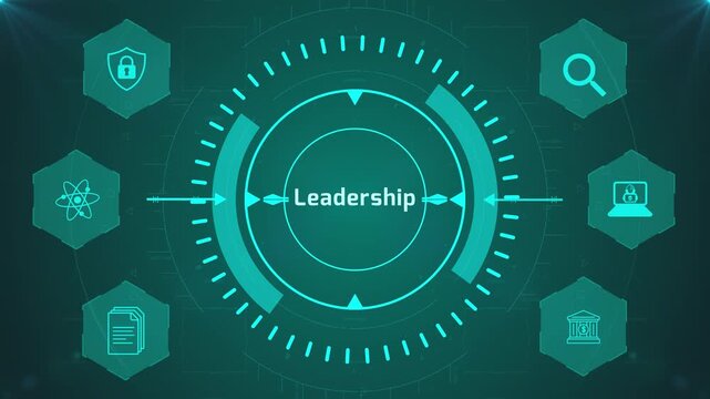 Leadership Management Interface with Circular Digital HUD and Corporate Icons on Abstract Technology Background Representing Business Direction System