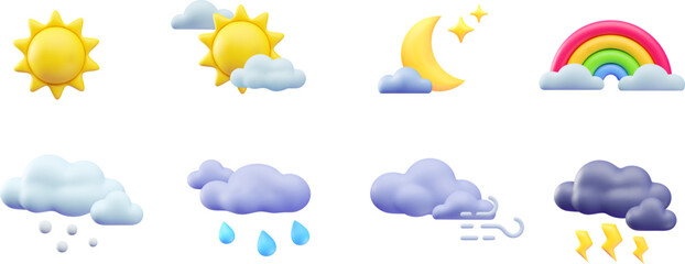 Fototapeta premium 3D weather forecast elements vector set, cartoon sun, moon and rainbow, clouds with lightning bolts, wind, snow or rain