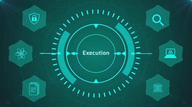 Execution Strategy Interface with Circular Digital HUD and Corporate Icons on Abstract Technology Background Representing Business Performance System