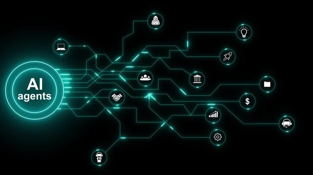 AI Agents Circuit Board with Icons and Cyan Neon Glow artificial intelligence technology. AI Agents and Network Technology with Digital Innovation, Data Flow, and Smart Systems.4k motion video..