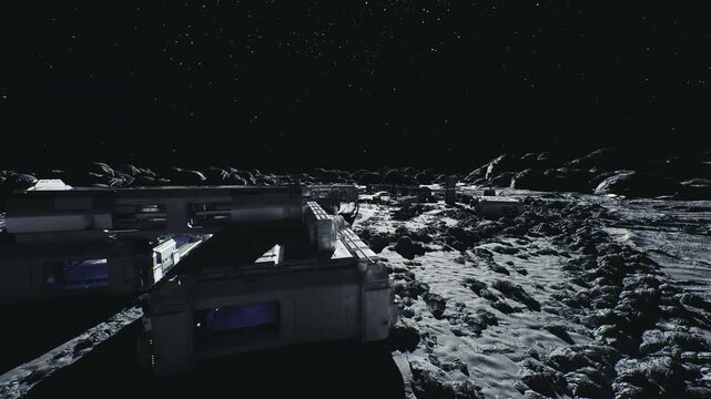 maintenance corridor overlooking lunar regolith plain, railings and conduit lining walkway, inspection lights casting long shadows, service hatches and tether