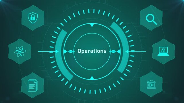 Operations Management Interface with Circular Digital HUD and Corporate Icons on Abstract Technology Background Representing Business Workflow System