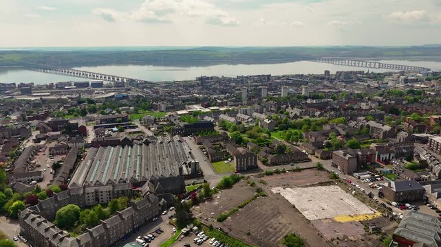 Aerial Perspective of the Historic Tay Rail Bridge and Modern Road Bridge in Dundee Scotland