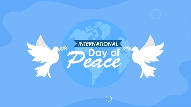 Animated international day of peace graphic featuring white doves carrying olive branches over a spinning blue globe