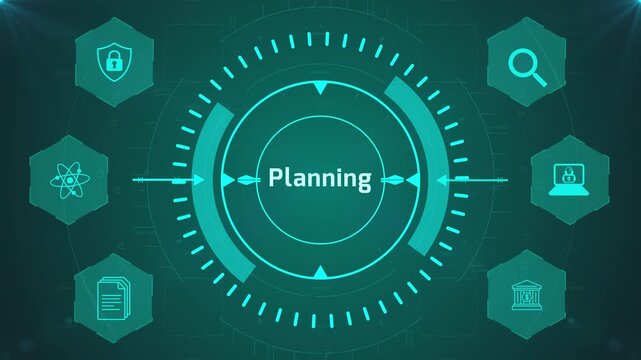 Planning Strategy Interface with Circular Digital HUD and Corporate Icons on Abstract Technology Background Representing Business Organization System