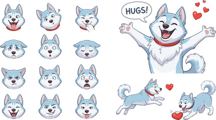 Cute husky dog character vector set with various facial expressions and poses including hugs, running, and playing with hearts for digital stickers and pet lover emojis. © MD