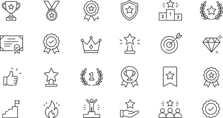 Fototapeta premium Achievement icons set trophies stars ribbons and awards line art isolated on transparent background