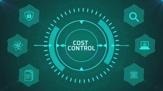 Cost Control Interface with Circular Digital HUD and Corporate Icons on Abstract Technology Background Representing Financial Management System