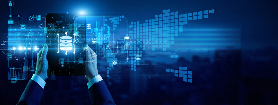 Data analyst hands hold smart tablet Big Data analytics dashboard. Processing massive datasets enables companies to identify trends and optimize performance. Big data and information science.