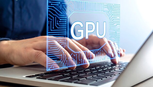 Hands typing laptop with glowing GPU circuit overlay, graphics processing unit, computer hardware, rendering technology, computational acceleration, digital innovation, modern computing performance