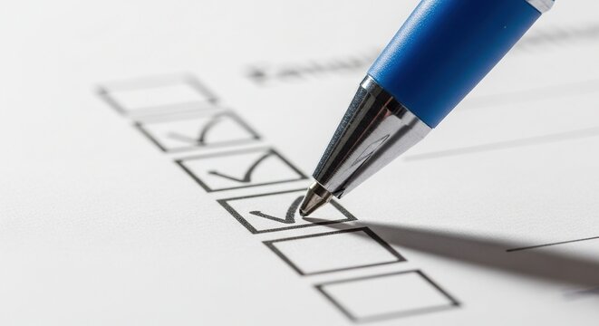 Professional blue pen checking checkboxes on white document paper close up shot focus on ballpoint tip marking survey list task completion business record concept.