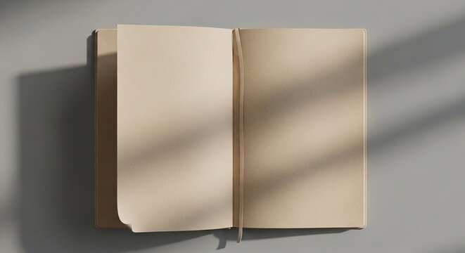 Open blank book with brown paper pages and bookmark ribbon under soft window shadow light for literary journal writing and minimalist creative stationery mockup art.