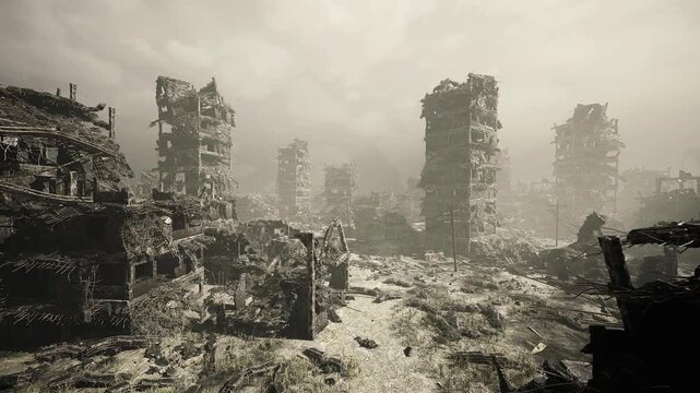 Ravaged city skyline under muted sky, shattered highrises and collapsed facades filling horizon with rubble and twisted metal foggy atmosphere, cracked