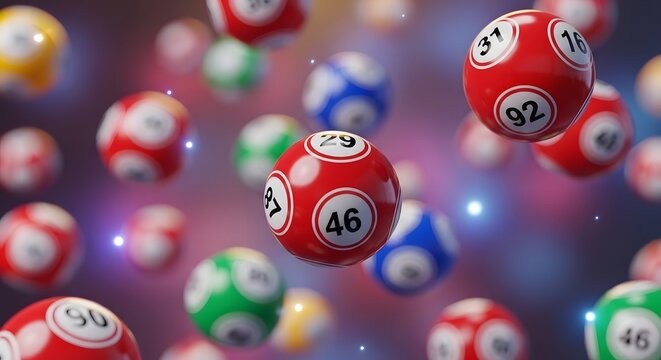 Colorful bingo balls floating in mid air with numbers
