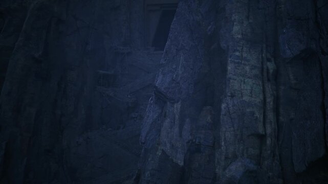 obscure triangular portal carved stone, towering slabs and deep blue ambient glow, silhouette of void beyond suggesting ritual gateway or hidden entrance.