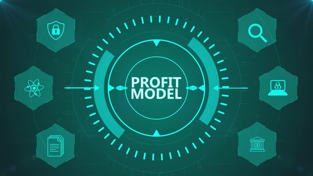 Profit Model Interface with Circular Digital HUD and Corporate Icons on Abstract Technology Background Representing Revenue Management System
