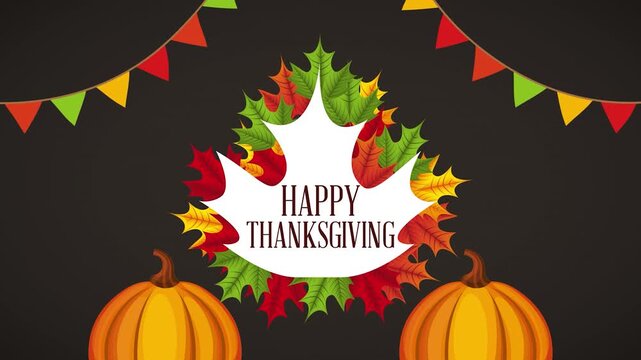 Happy thanksgiving animated greeting card with falling autumn leaves and pumpkins on a dark brown festive background