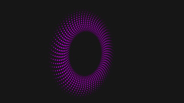 Purple glowing dotted ring rotating on black background. Abstract geometric circle shape formed by particles. Digital motion graphic for futuristic user interface.