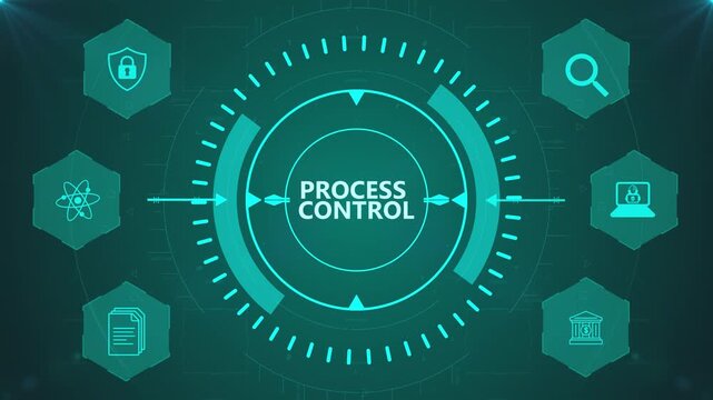 Process Control Interface with Circular Digital HUD and Corporate Icons on Abstract Technology Background Representing Workflow Management System