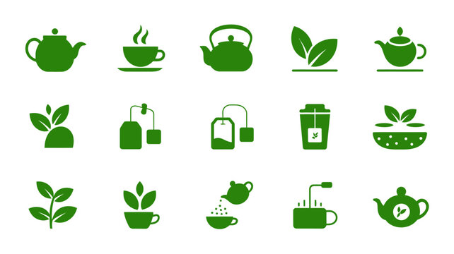 Set of sixteen green tea and tea-related flat icons in minimalist style