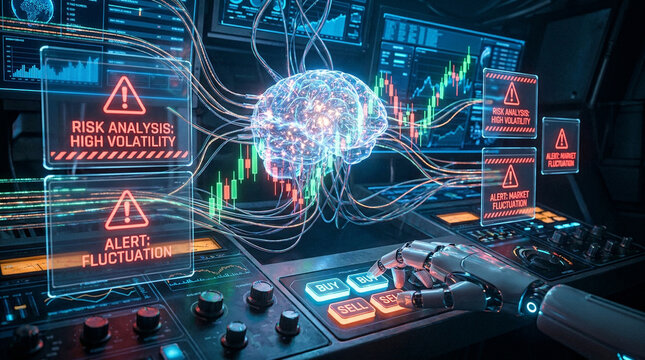 Artificial intelligence brain with financial data and robotic arm isolated on transparent background