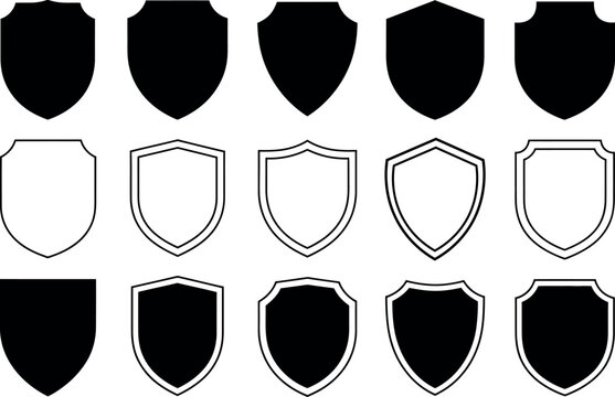 Collection of diverse shield shapes and styles in black and white outlines and solid fills isolated on transparent background