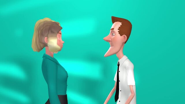 3d animation, two cartoons characters on conversation or speaking in front of a blue wall