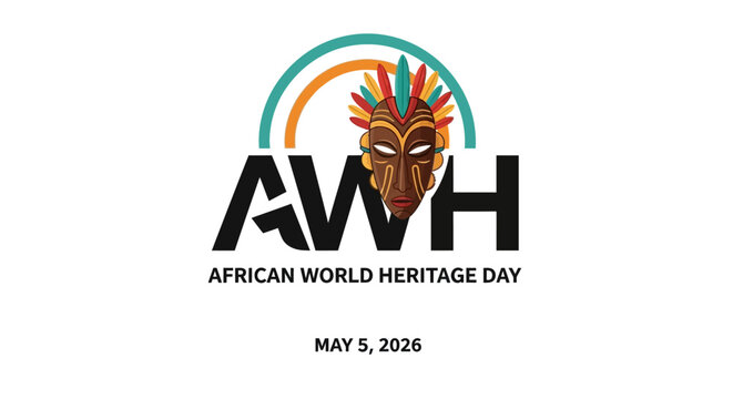 african world heritage day celebration poster with tribal mask and rainbow arch vector illustration