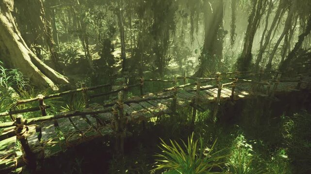 Fog draped wooden walkway through lush understory, diffuse light, hush quiet, soft silhouettes of trunks, emerald moss, mysterious atmosphere