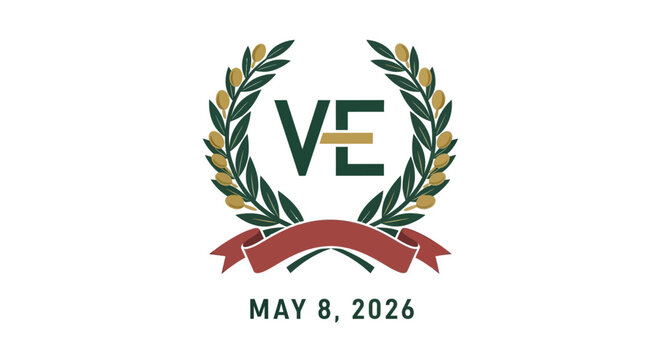 victory europe day laurel wreath with ve monogram and date may 8 2026 flat design vector illustration