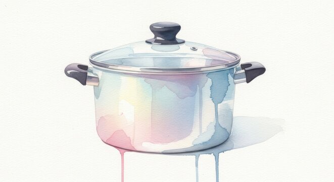 Watercolor illustration of a cooking pot with lid on white background