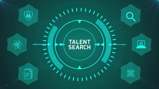 Talent Search Interface with Circular Digital HUD and Corporate Icons on Abstract Technology Background Representing Recruitment Management System