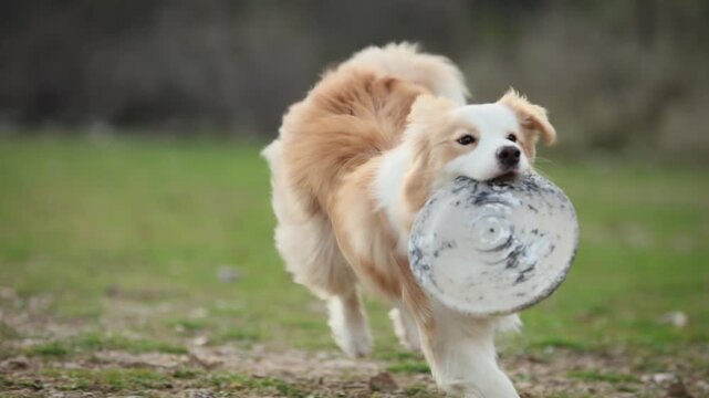 A Border Collie dog runs across a meadow beside a frisbee outdoors. Dynamic movement and natural scenery create energetic action atmosphere.