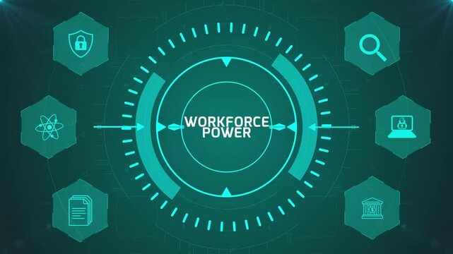Workforce Power Interface with Circular Digital HUD and Corporate Icons on Abstract Technology Background Representing Employee Strength System