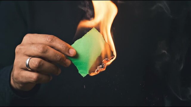 Person holding burning green paper with flame and smoke