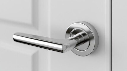 Naklejka premium Sleek stainless lever handle on door, closeup photograph showcasing brushed chrome finish, subtle reflections, modern lock cylinder, matte white panel, soft natural lighting, minimalist interior