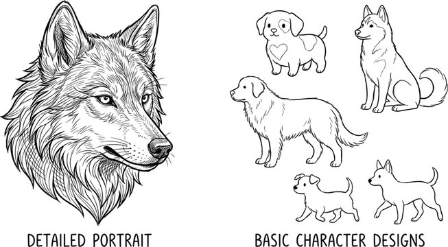 Wolf and dog vector set featuring a detailed realistic wolf portrait in woodcut style and basic line art dog character designs for various graphic applications.